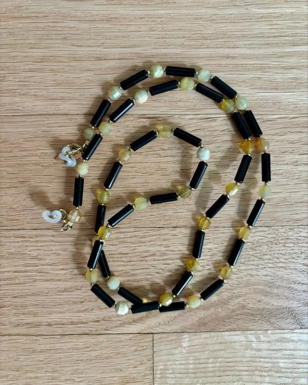 Wolf & Badger black agate and yellow tigers eye gemstone glasses chain necklace